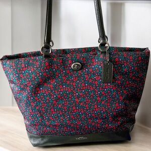 COACH Red Ranch Floral Tote Leather & Nylon Tote Bag Purse FAST SHIPPING